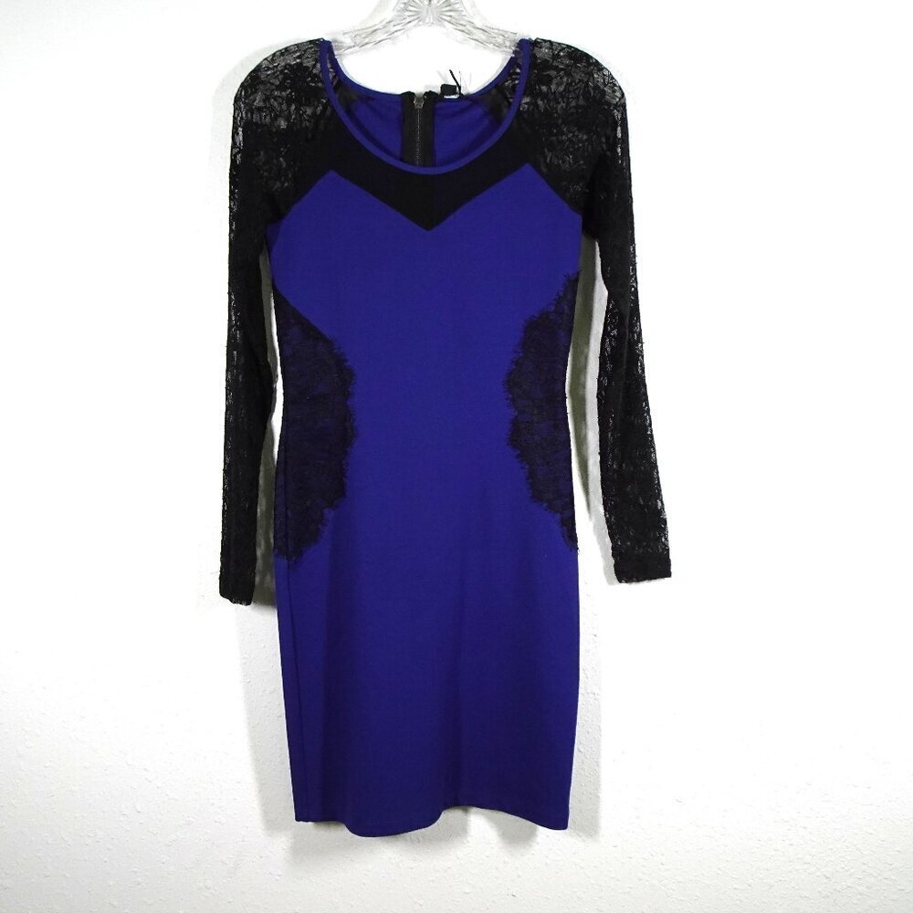 Buffalo David Bitton Cocktail Dress Size XS Blue Black Long Sleeve Lace Trim